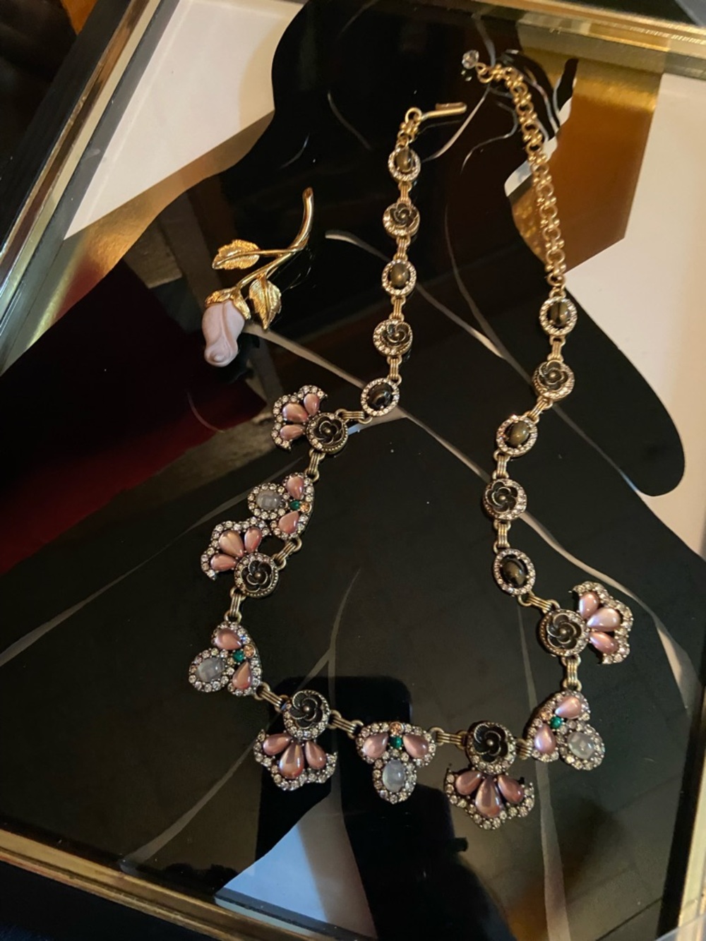 Vintage Gold-Tone Pink Floral Statement Necklace and Rose Brooch